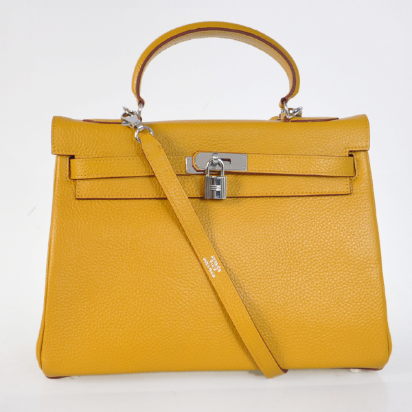 K32LSYS Hermes Kelly 32CM pelle Clemence in giallo con argento